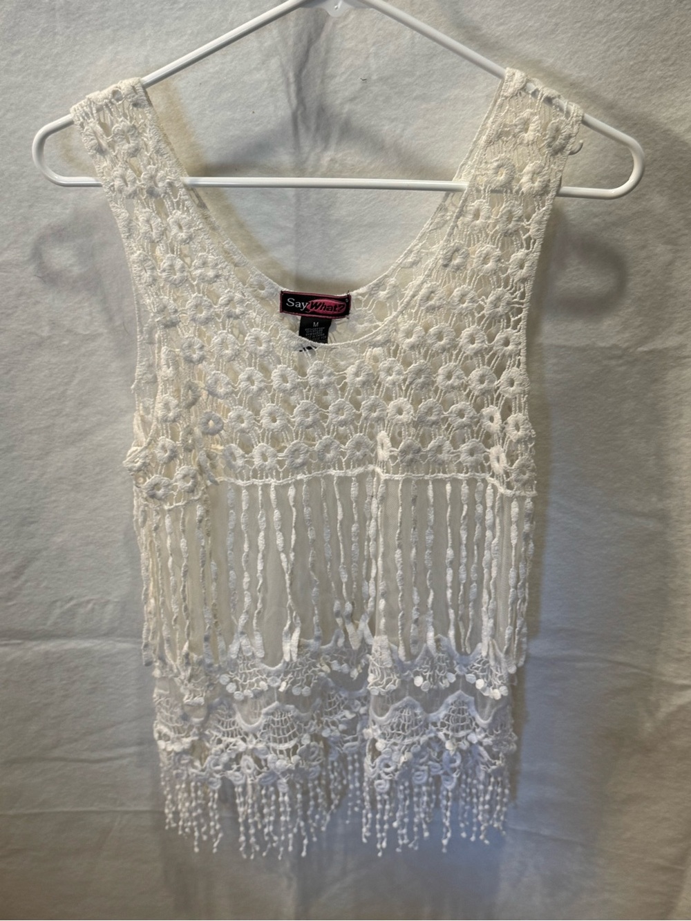 Say What? White Crochet Lace Fringe tank Top